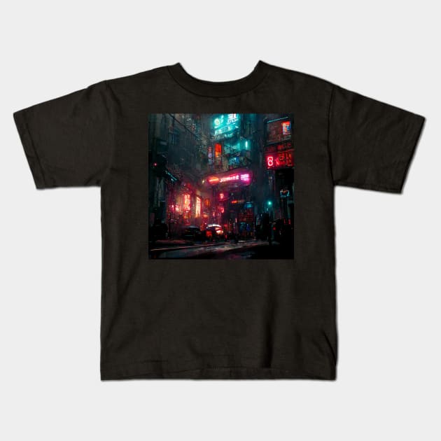 Futuristic cyber street Kids T-Shirt by Riverside-Moon